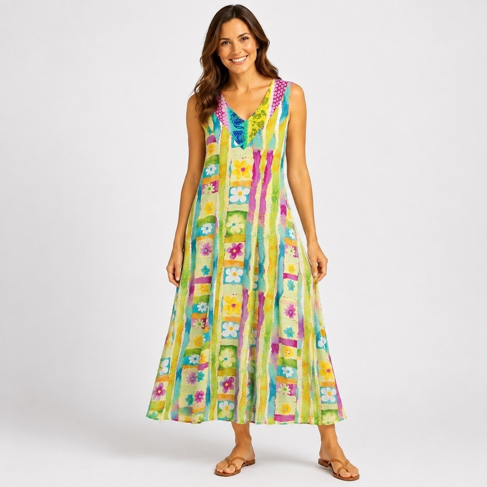 Jams World Floral Midi Dress Womens M Colorful FLowy Crinkle Hawaiian Resort